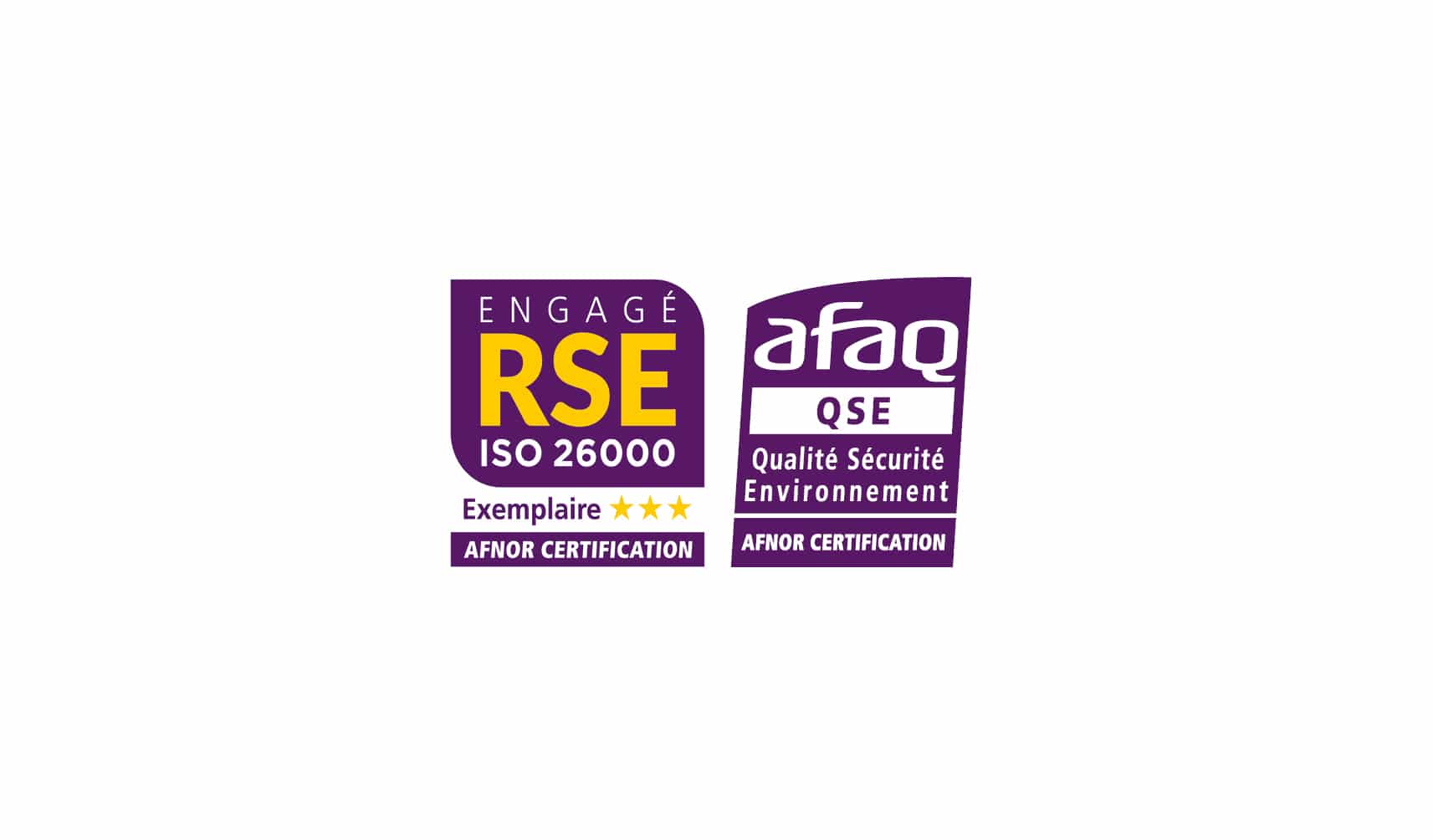 Image du Label engagé RSE niveau exemplaire et certification Qualité, Sécurité Environnement.