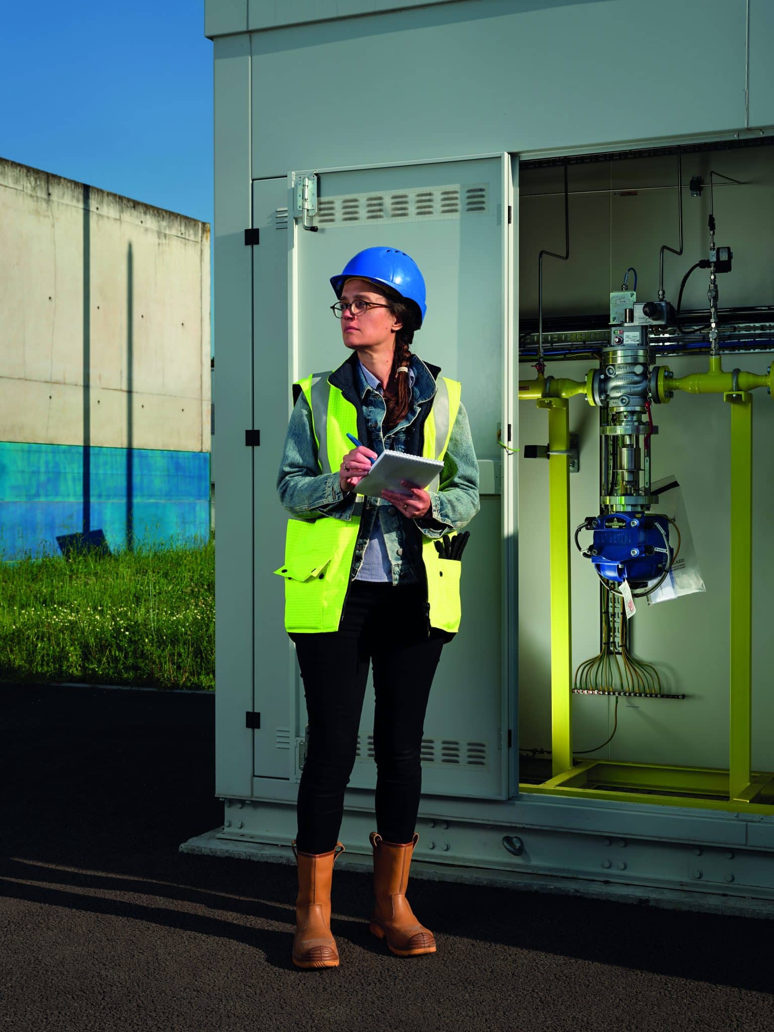 Ingénieure Régaz-Bordeaux devant un poste d'injection de biométhane dans le réseau de distribution publique de gaz.